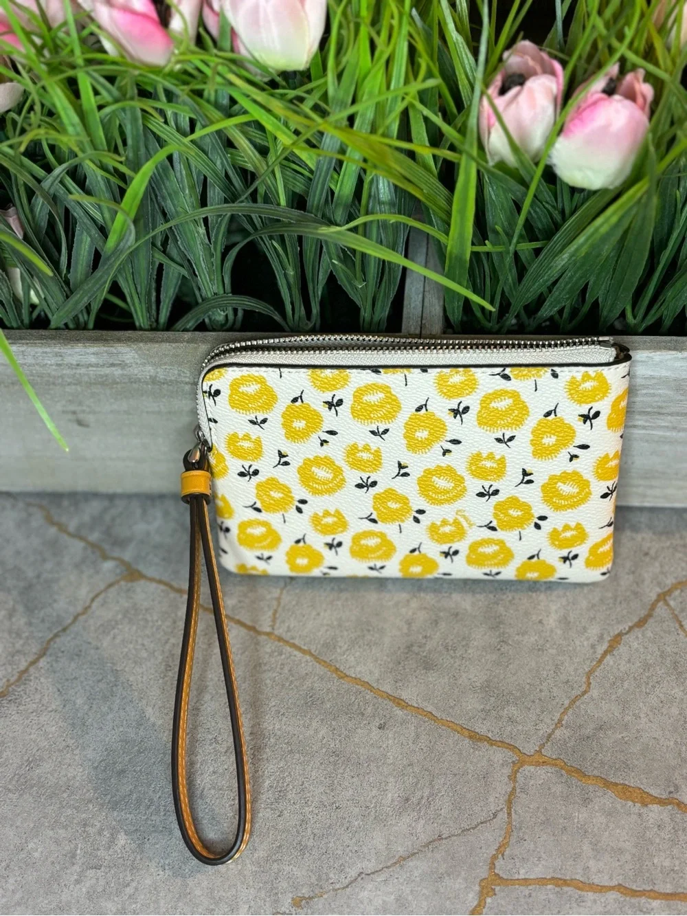 COACH NWT Yellow Floral Wristlet Pouch with Brown Strap